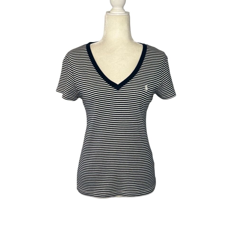 Ralph Lauren Sport navy and white striped v-neck knit top - L